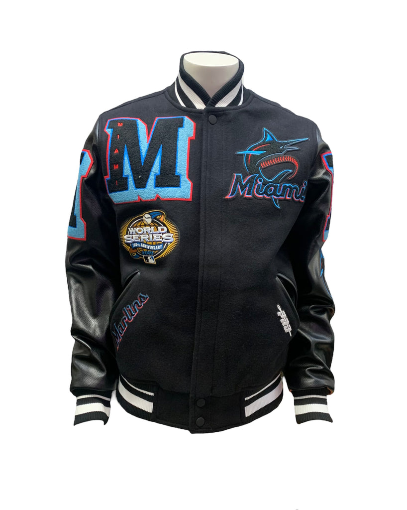 MIAMI MARLINS MASH UP LOGO VARSITY JACKET (BLACK)